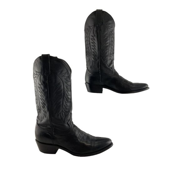 Men's Diamond J Black Leather Pointed Toe Western COwboy Boots Size 8.5 D - Picture 1 of 7